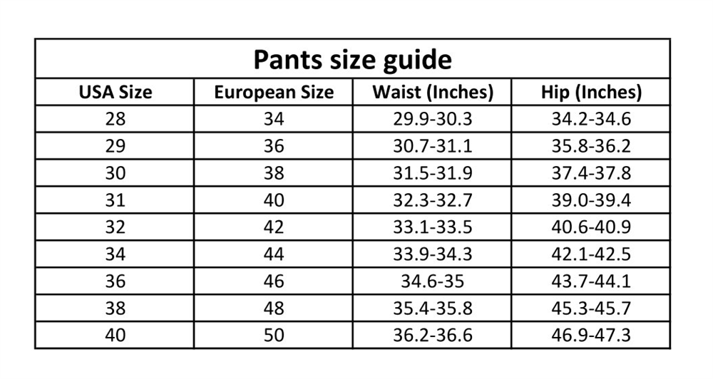 Stephen & Sons. Pants Size Chart